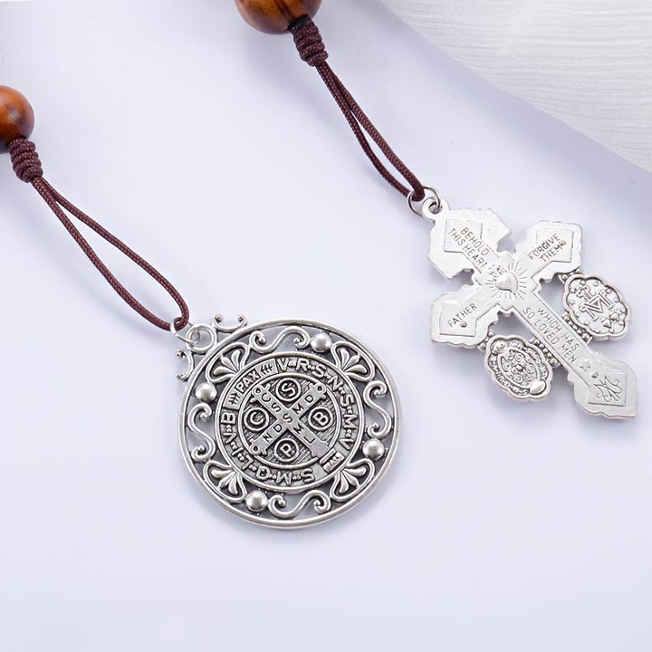 Christianartworkshop Antique Silver Holy Medal Wooden Rosary Car Pendant: Emblem of Gentle Travel Divine Grace - image 7