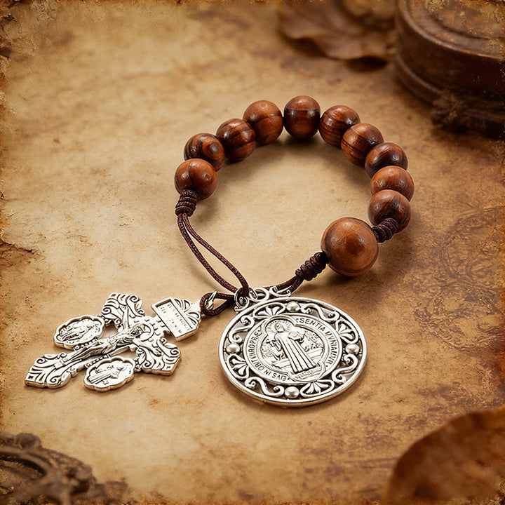 Christianartworkshop Antique Silver Holy Medal Wooden Rosary Car Pendant: Emblem of Gentle Travel Divine Grace - image 1