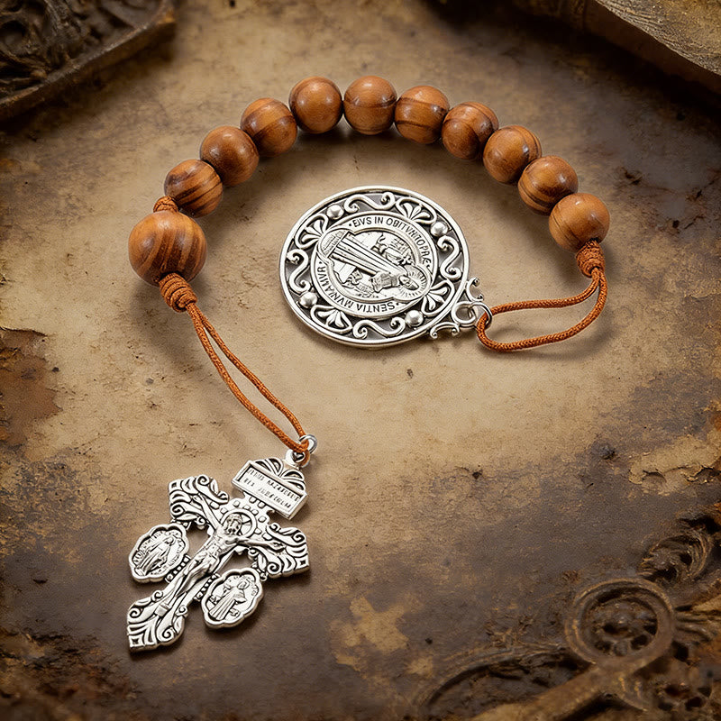 Christianartworkshop Antique Silver Holy Medal Wooden Rosary Car Pendant: Emblem of Gentle Travel Divine Grace - Coffee - image 3