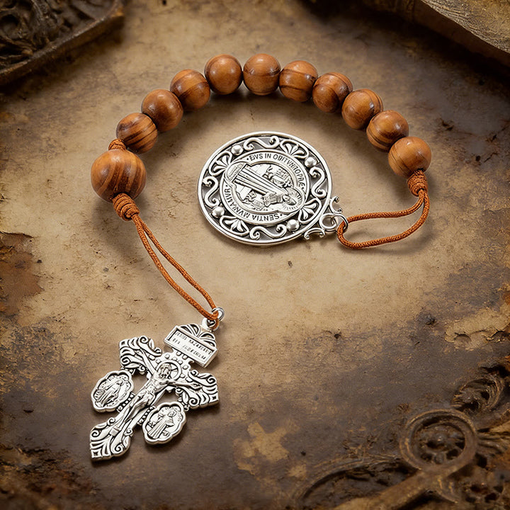 Christianartworkshop Antique Silver Holy Medal Wooden Rosary Car Pendant: Emblem of Gentle Travel Divine Grace - Coffee - image 3