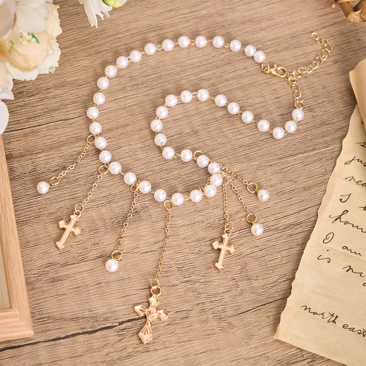 Christianartworkshop Pearl Bead Tassel Cross Choker Necklace: Emblem of Soft Heavenly Tenderness - image 1