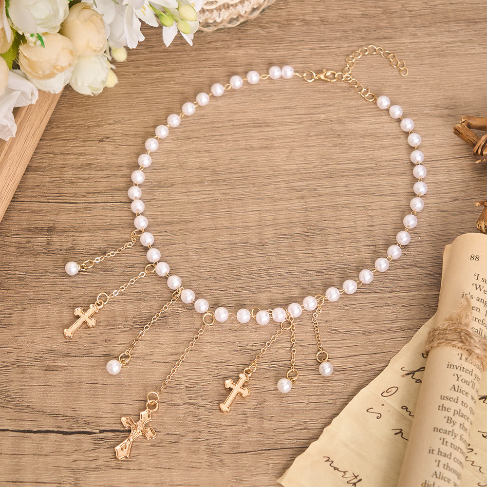 Christianartworkshop Pearl Bead Tassel Cross Choker Necklace: Emblem of Soft Heavenly Tenderness - Cross - image 0