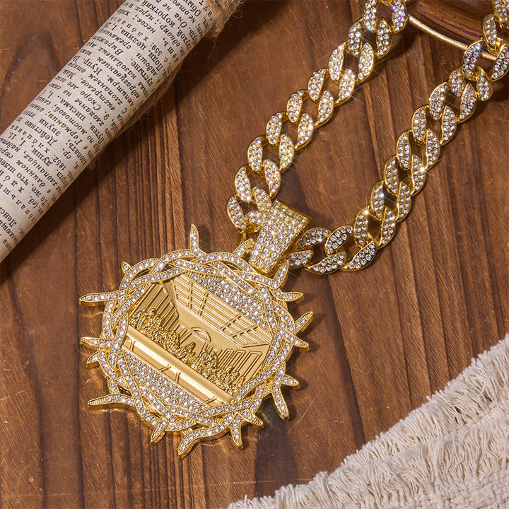 Christianartworkshop Iced Out Crown Of Thorns Last Supper Pendant Cuban Chain: Emblem of Glorious Heavenly Testament - Golden - image 0