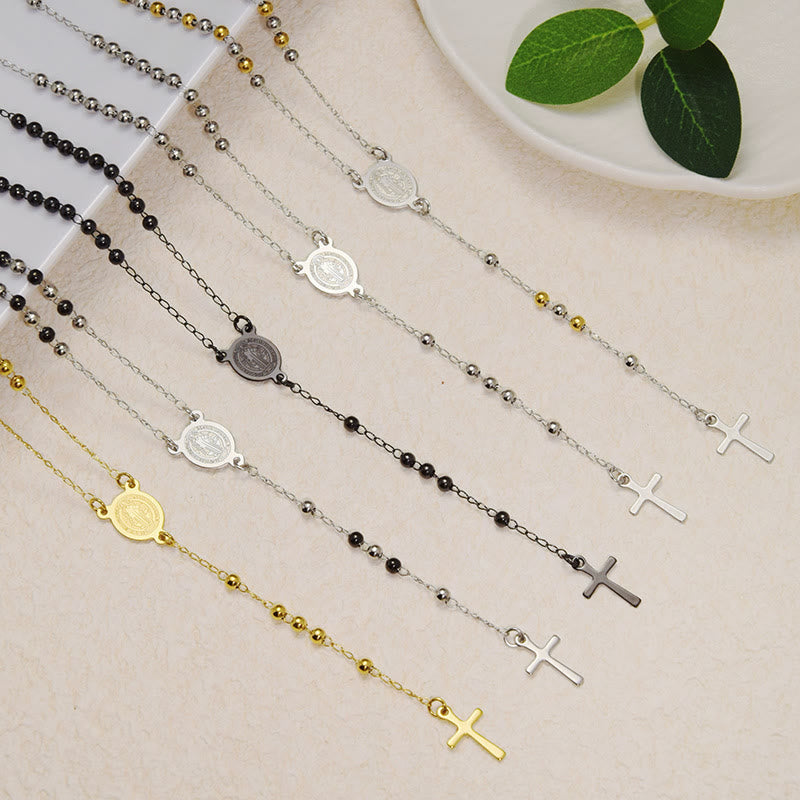 ChristianartworkshopBeaded Layered Chain With Holy Medal & Tiny Cross Pendant: Emblem of Pure Heavenly Devotion - image 0