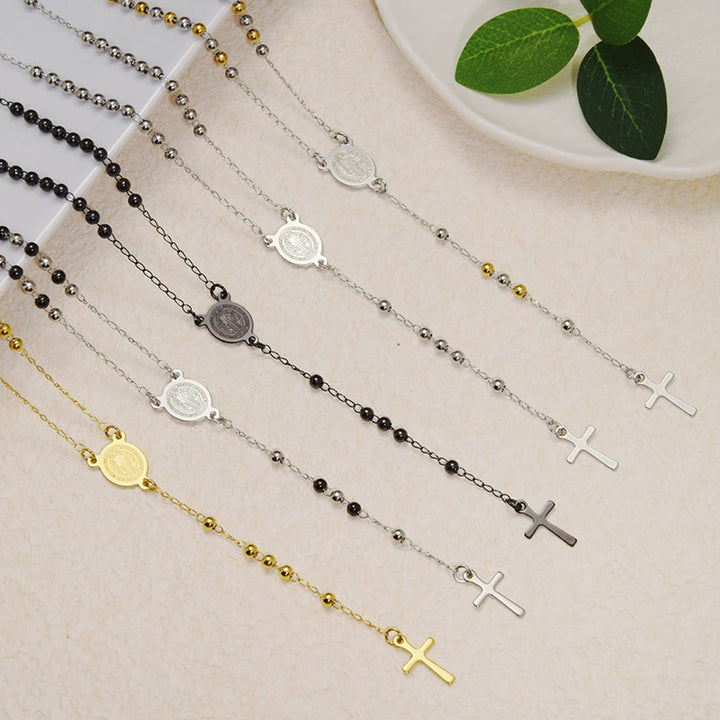 ChristianartworkshopBeaded Layered Chain With Holy Medal & Tiny Cross Pendant: Emblem of Pure Heavenly Devotion - image 0