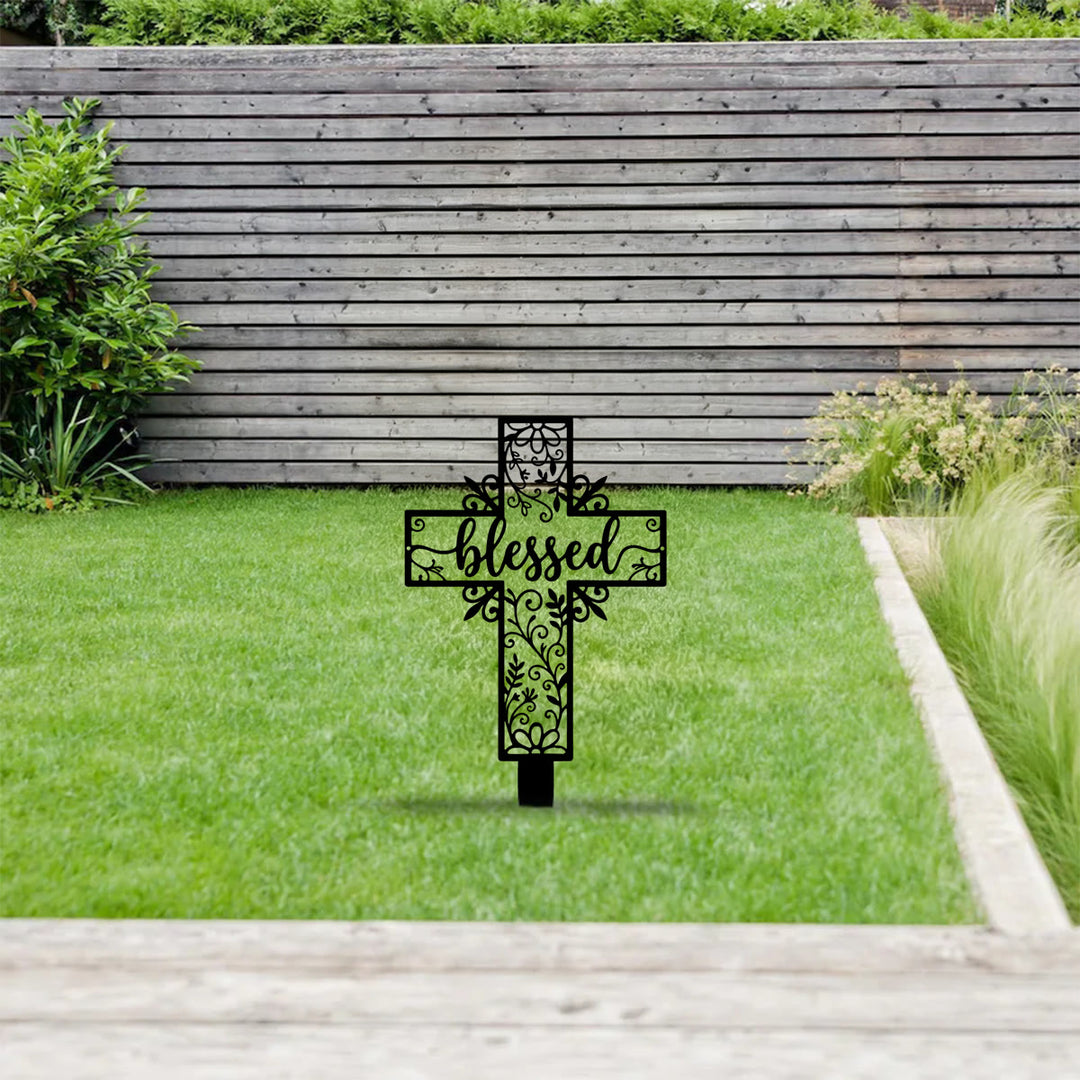 Christianartworkshop Blessed Lettering Hollow Cross Yard Metal Stake: Token of Abiding Divine Favor - image 3