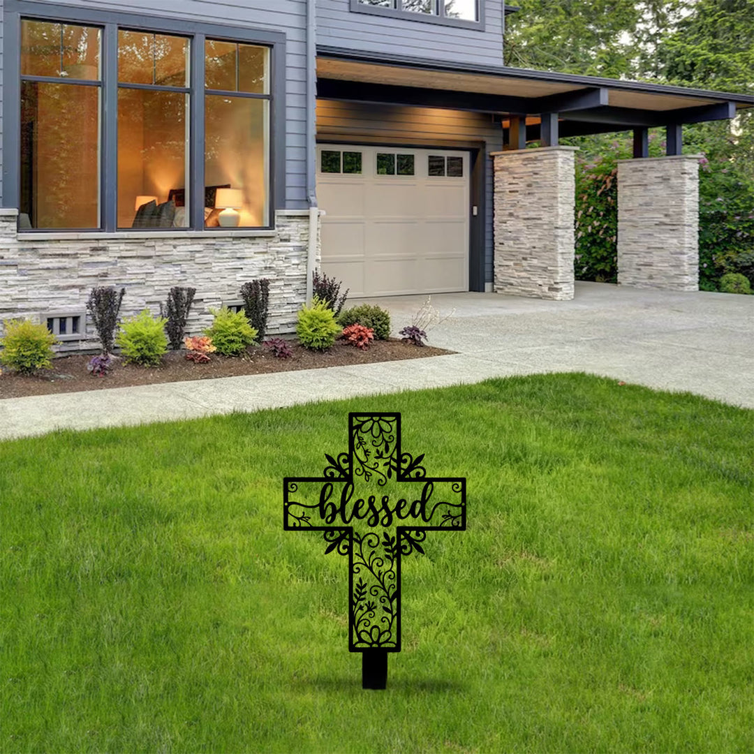 Christianartworkshop Blessed Lettering Hollow Cross Yard Metal Stake: Token of Abiding Divine Favor - image 4