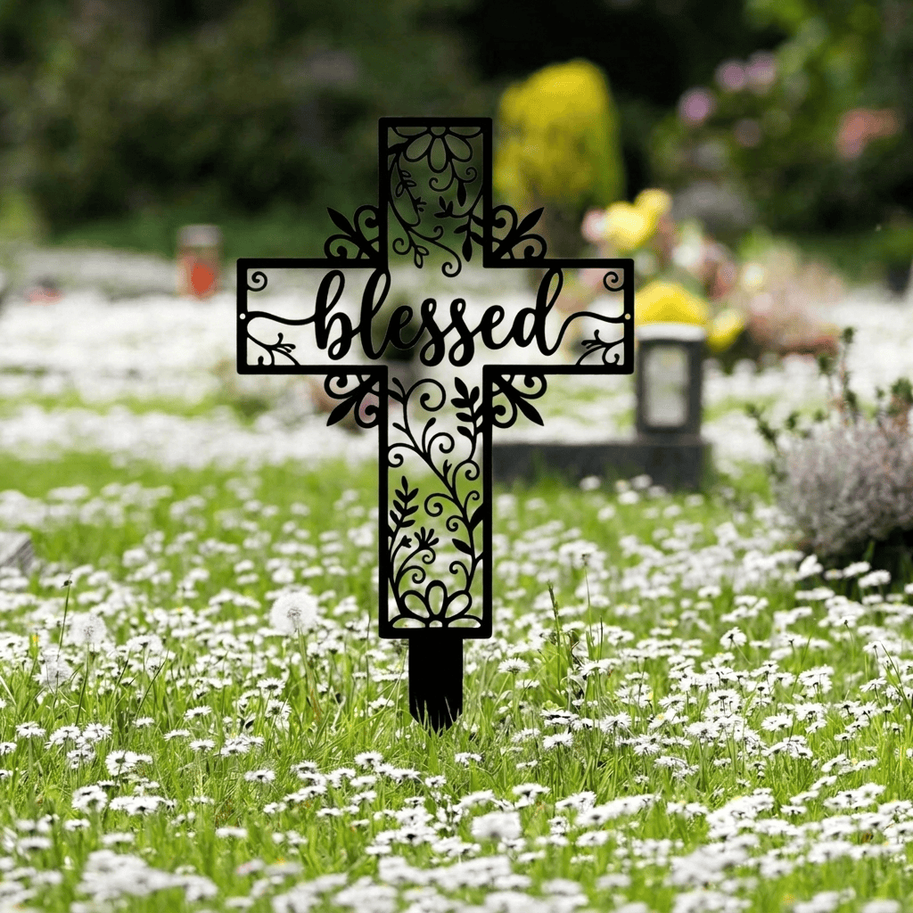 Christianartworkshop Blessed Lettering Hollow Cross Yard Metal Stake: Token of Abiding Divine Favor - image 2