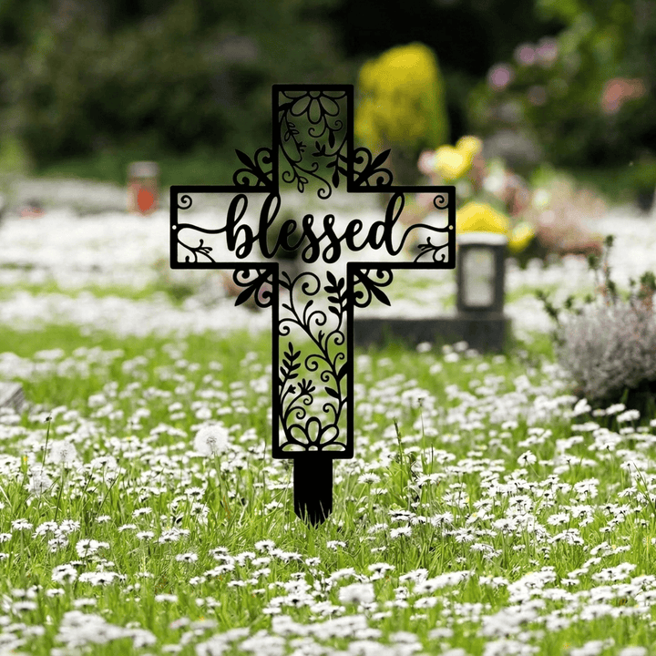 Christianartworkshop Blessed Lettering Hollow Cross Yard Metal Stake: Token of Abiding Divine Favor - image 2