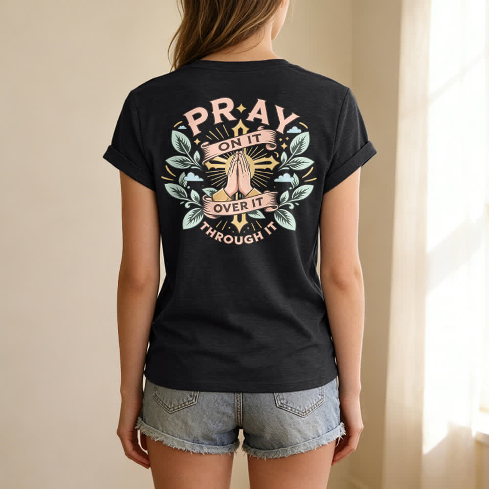 Christianartworkshop Pray On It Side Knot Rolled Sleeve Women's V Neck Tee - image 4