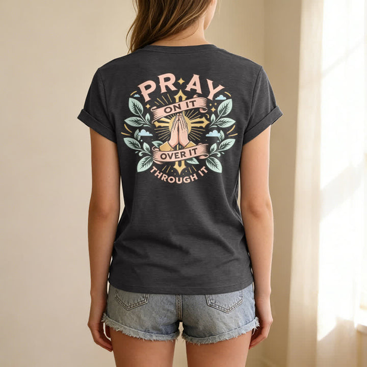 Christianartworkshop Pray On It Side Knot Rolled Sleeve Women's V Neck Tee - image 34