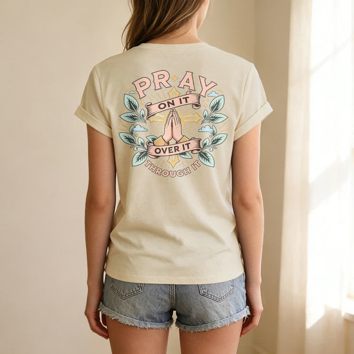 Christianartworkshop Pray On It Side Knot Rolled Sleeve Women's V Neck Tee - image 16