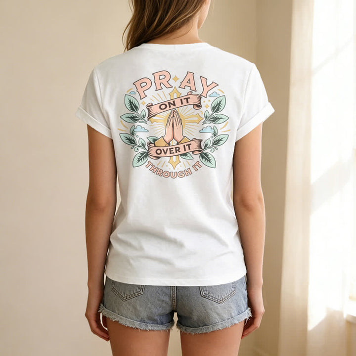 Christianartworkshop Pray On It Side Knot Rolled Sleeve Women's V Neck Tee - image 10