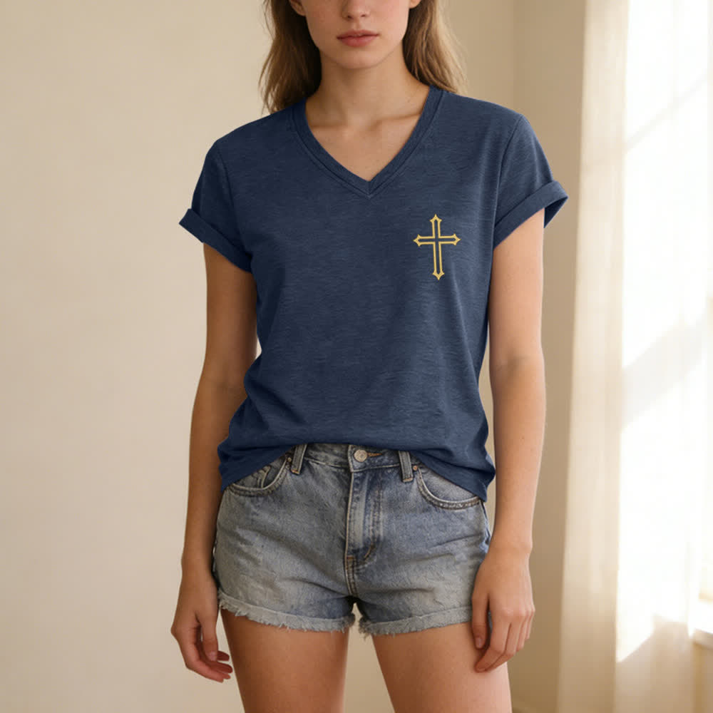Christianartworkshop Pray On It Side Knot Rolled Sleeve Women's V Neck Tee - image 41
