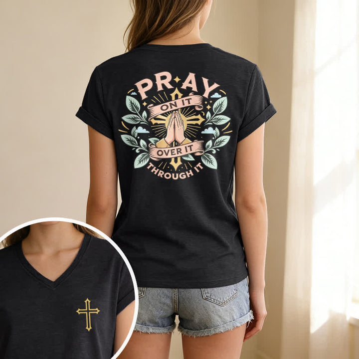 Christianartworkshop Pray On It Side Knot Rolled Sleeve Women's V Neck Tee - image 3