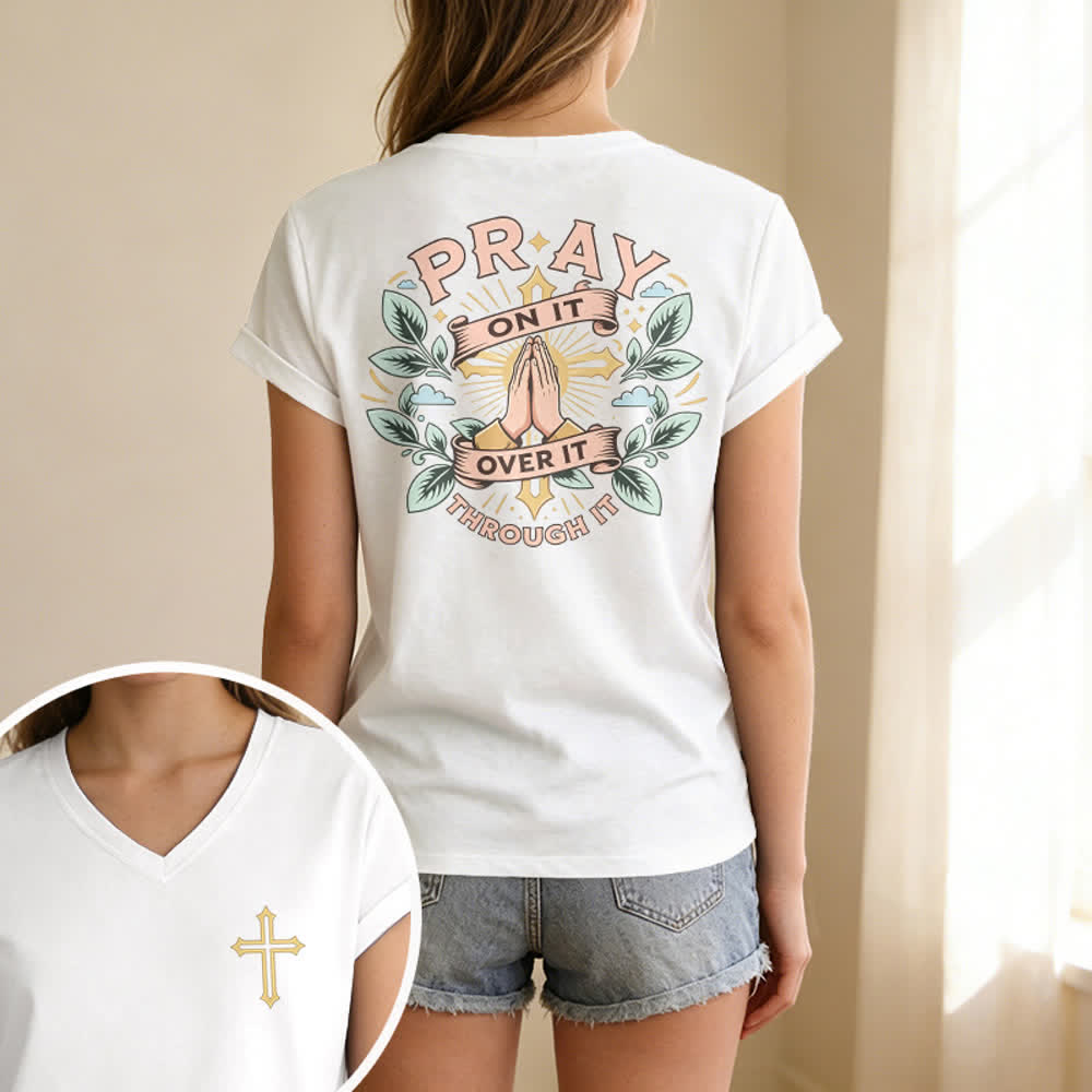 Christianartworkshop Pray On It Side Knot Rolled Sleeve Women's V Neck Tee - image 9