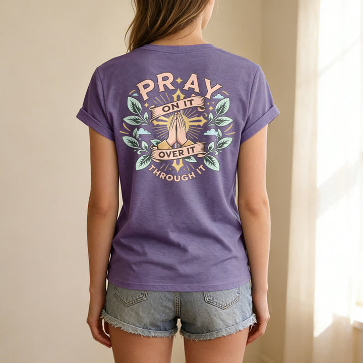 Christianartworkshop Pray On It Side Knot Rolled Sleeve Women's V Neck Tee - image 58
