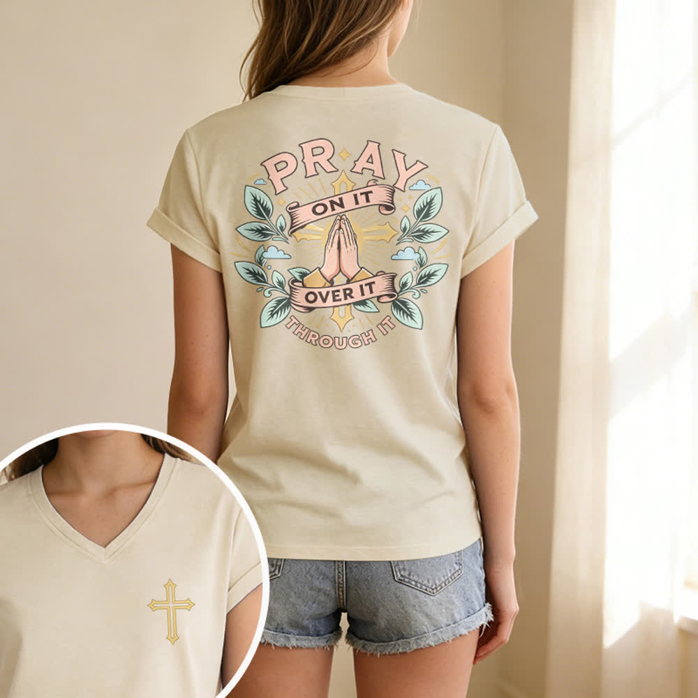 Christianartworkshop Pray On It Side Knot Rolled Sleeve Women's V Neck Tee - image 15