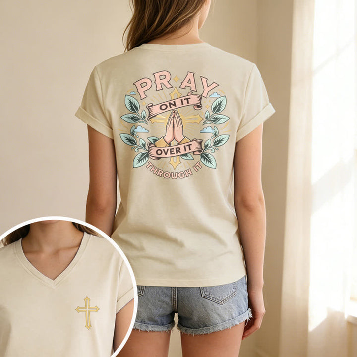 Christianartworkshop Pray On It Side Knot Rolled Sleeve Women's V Neck Tee - image 15