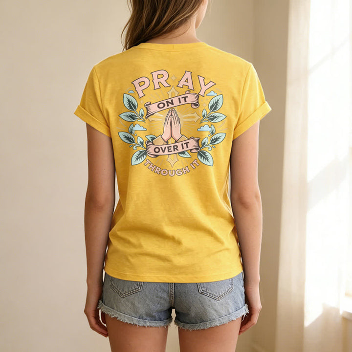 Christianartworkshop Pray On It Side Knot Rolled Sleeve Women's V Neck Tee - image 46