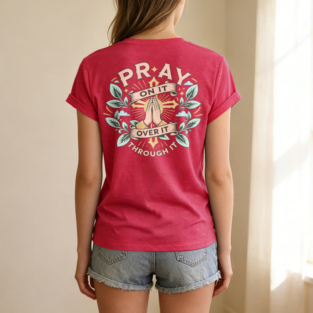 Christianartworkshop Pray On It Side Knot Rolled Sleeve Women's V Neck Tee - image 70