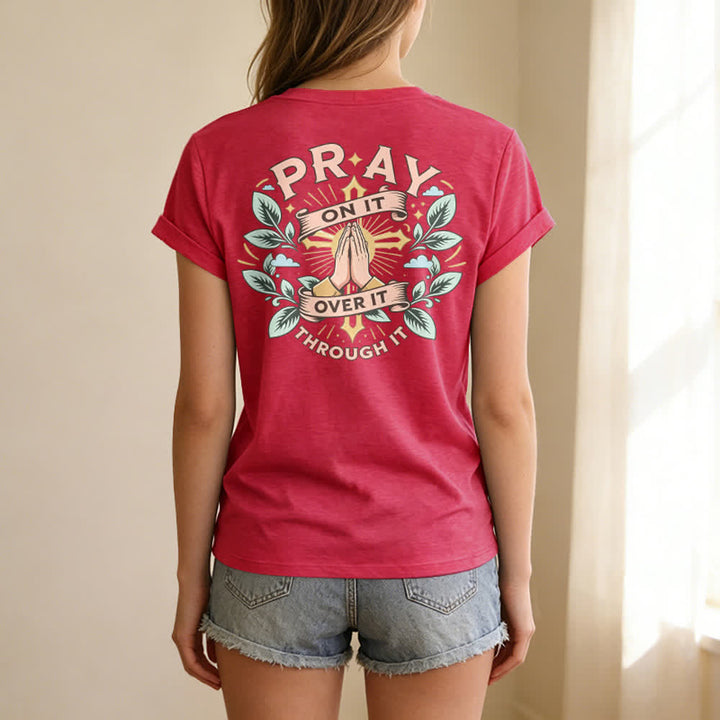 Christianartworkshop Pray On It Side Knot Rolled Sleeve Women's V Neck Tee - image 70