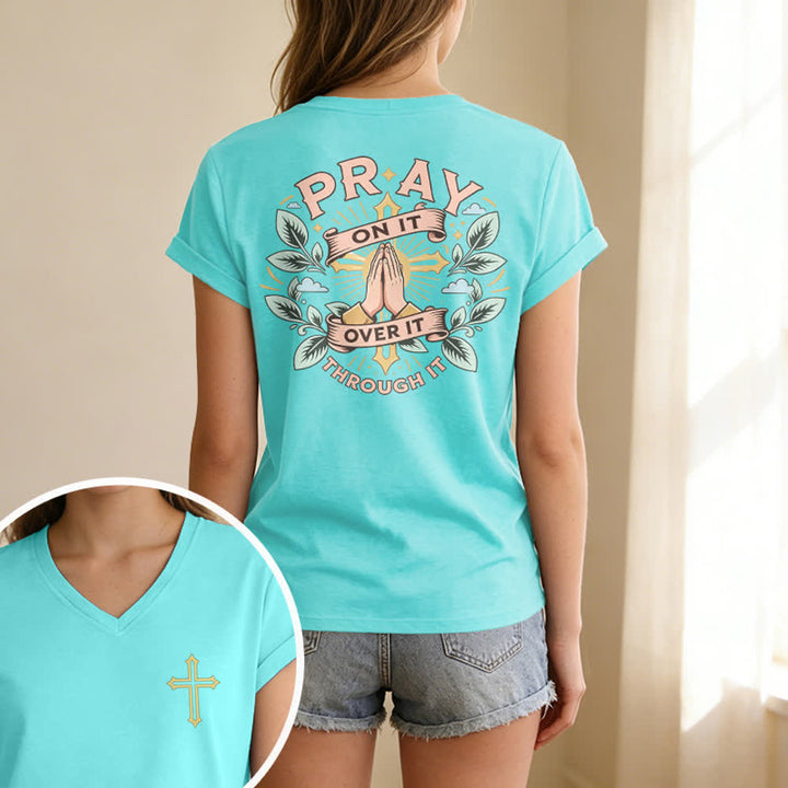 Christianartworkshop Pray On It Side Knot Rolled Sleeve Women's V Neck Tee - image 21