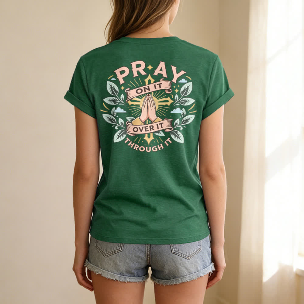 Christianartworkshop Pray On It Side Knot Rolled Sleeve Women's V Neck Tee - image 52