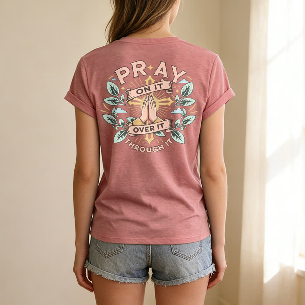 Christianartworkshop Pray On It Side Knot Rolled Sleeve Women's V Neck Tee - image 28