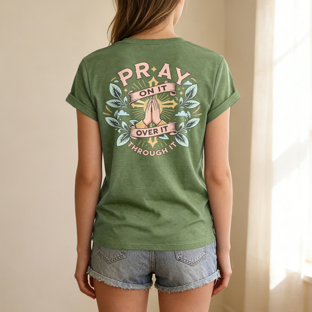 Christianartworkshop Pray On It Side Knot Rolled Sleeve Women's V Neck Tee - image 64