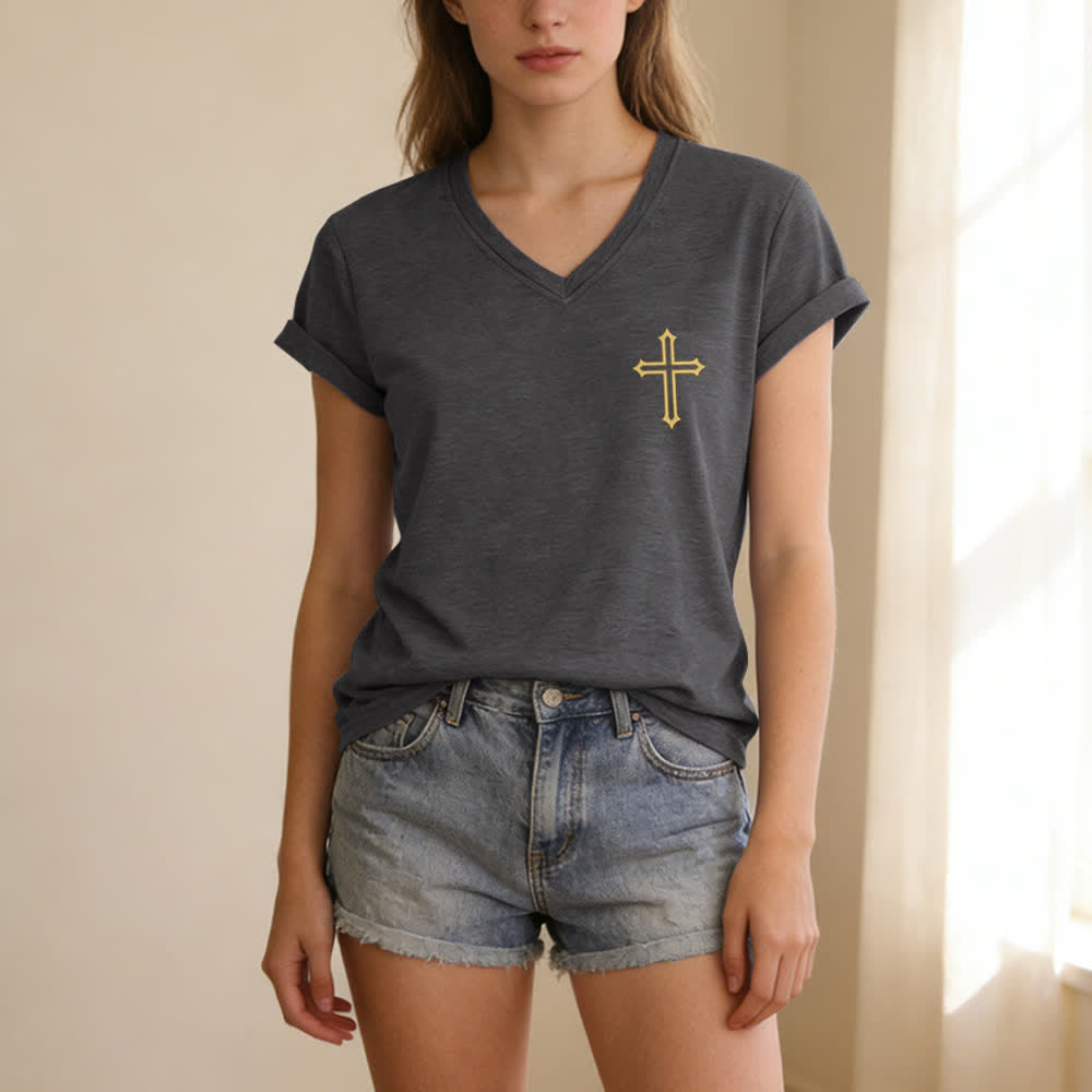 Christianartworkshop Pray On It Side Knot Rolled Sleeve Women's V Neck Tee - image 35