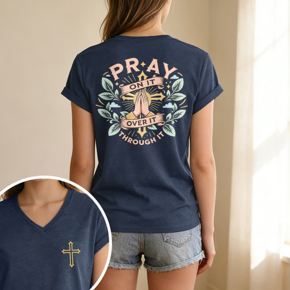 Christianartworkshop Pray On It Side Knot Rolled Sleeve Women's V Neck Tee - image 39