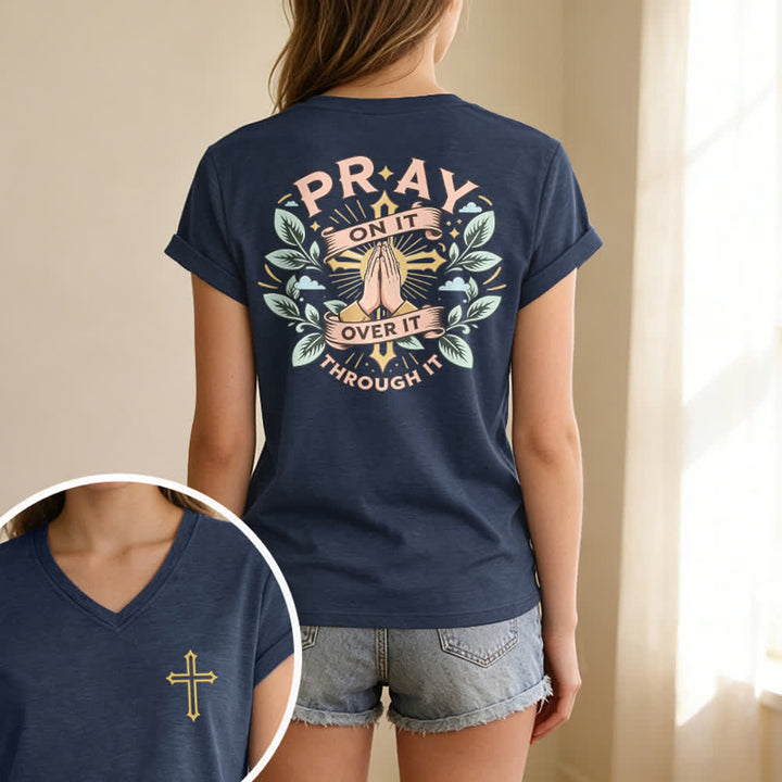 Christianartworkshop Pray On It Side Knot Rolled Sleeve Women's V Neck Tee - image 39