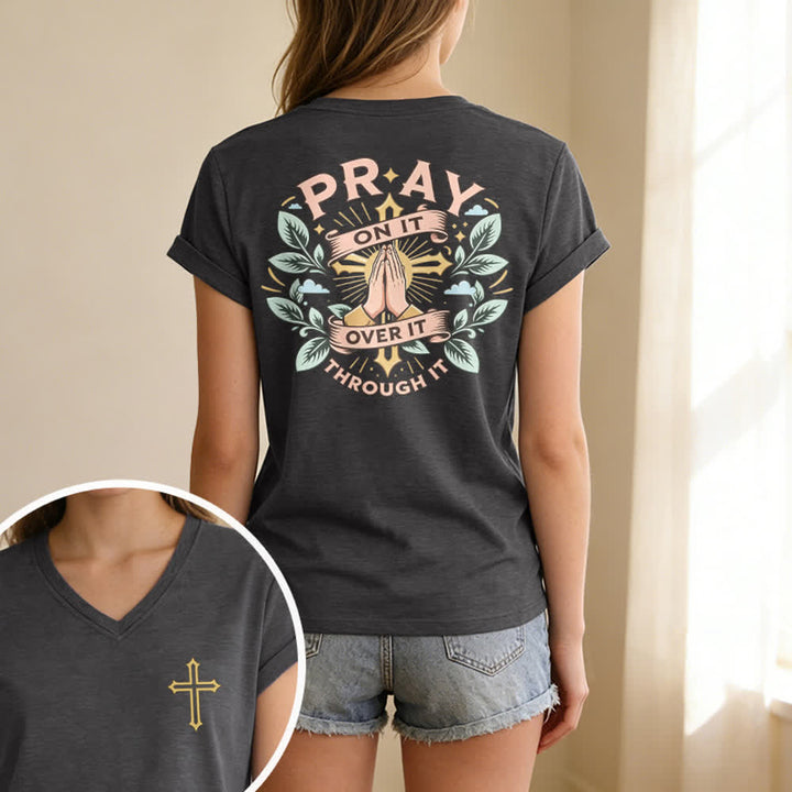 Christianartworkshop Pray On It Side Knot Rolled Sleeve Women's V Neck Tee - image 33