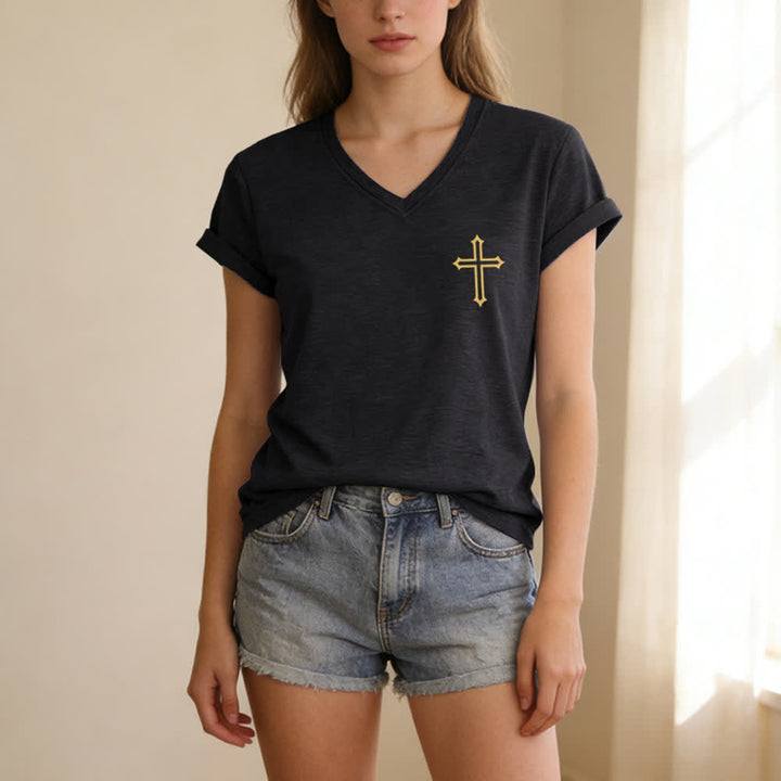 Christianartworkshop Pray On It Side Knot Rolled Sleeve Women's V Neck Tee - image 5