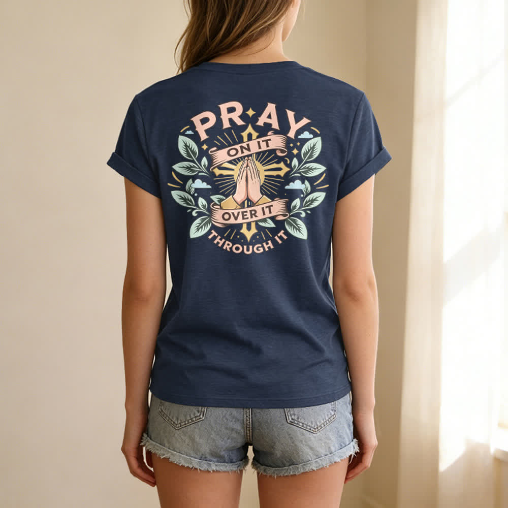 Christianartworkshop Pray On It Side Knot Rolled Sleeve Women's V Neck Tee - image 40