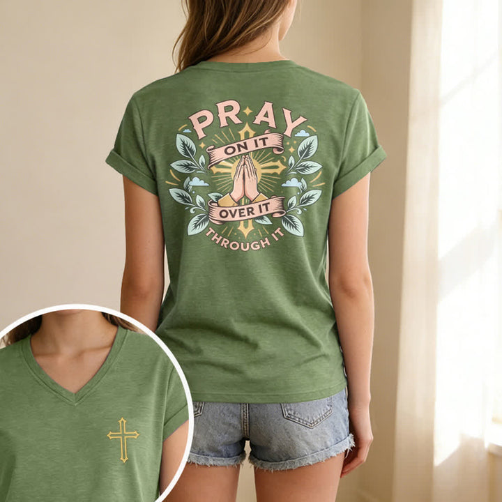 Christianartworkshop Pray On It Side Knot Rolled Sleeve Women's V Neck Tee - image 63