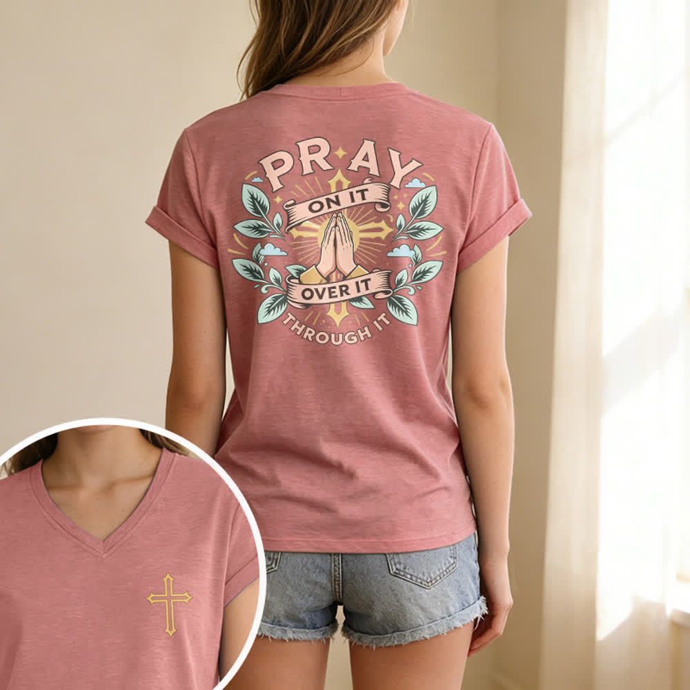 Christianartworkshop Pray On It Side Knot Rolled Sleeve Women's V Neck Tee - image 27