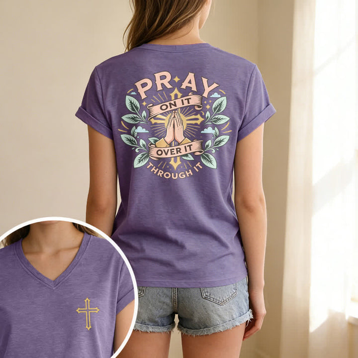 Christianartworkshop Pray On It Side Knot Rolled Sleeve Women's V Neck Tee - image 57