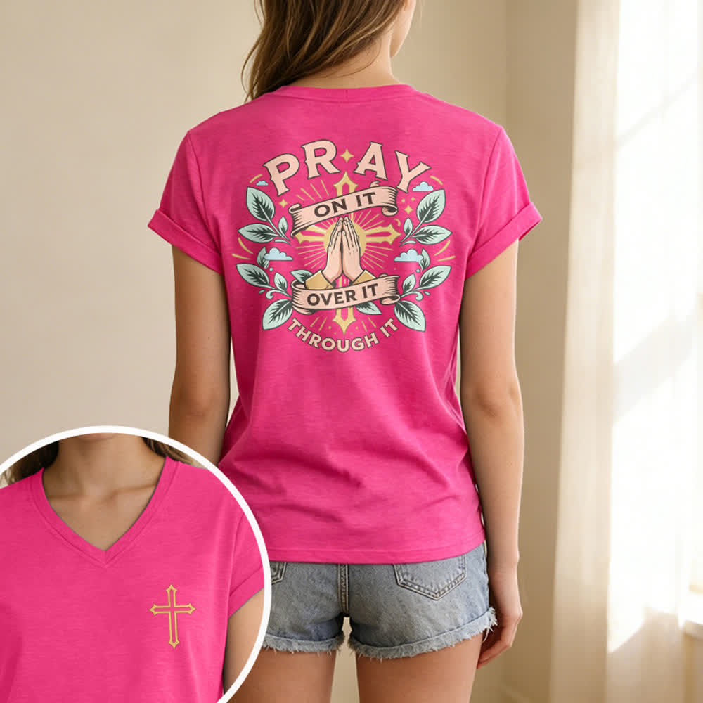 Christianartworkshop Pray On It Side Knot Rolled Sleeve Women's V Neck Tee - image 75