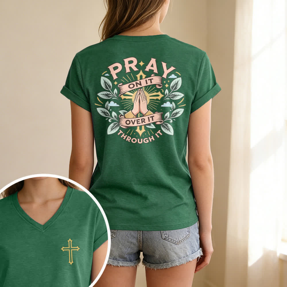 Christianartworkshop Pray On It Side Knot Rolled Sleeve Women's V Neck Tee - image 51