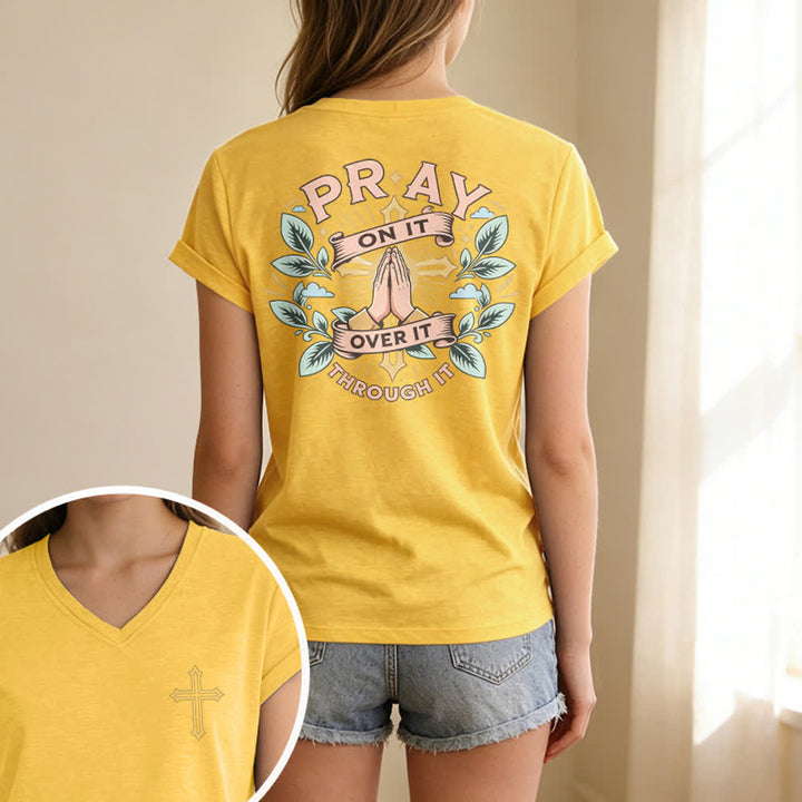Christianartworkshop Pray On It Side Knot Rolled Sleeve Women's V Neck Tee - image 45