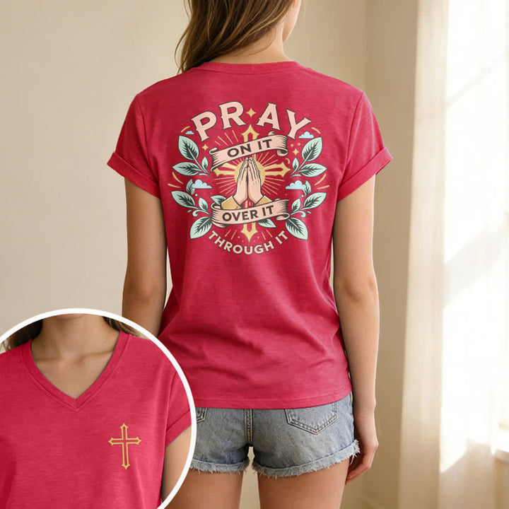 Christianartworkshop Pray On It Side Knot Rolled Sleeve Women's V Neck Tee - image 69