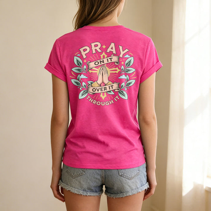 Christianartworkshop Pray On It Side Knot Rolled Sleeve Women's V Neck Tee - image 76