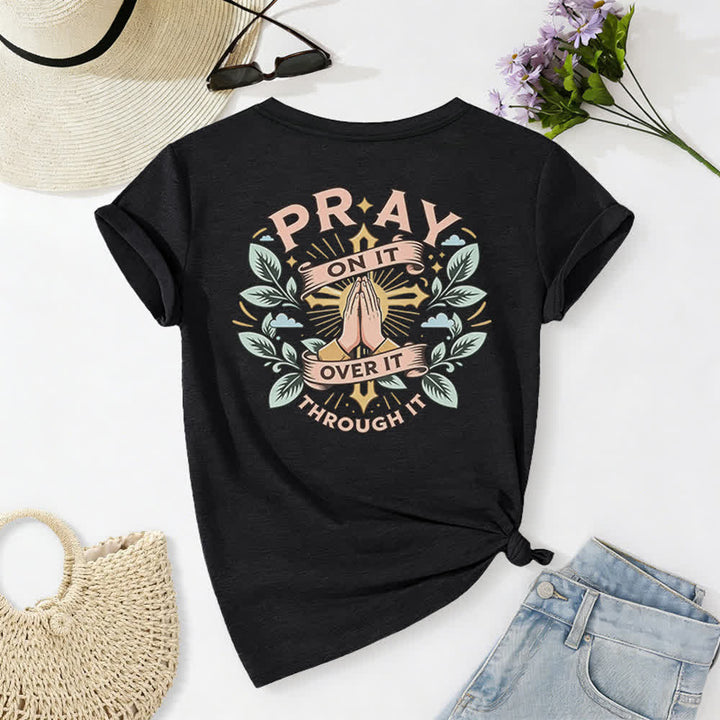 Christianartworkshop Pray On It Side Knot Rolled Sleeve Women's V Neck Tee - image 1