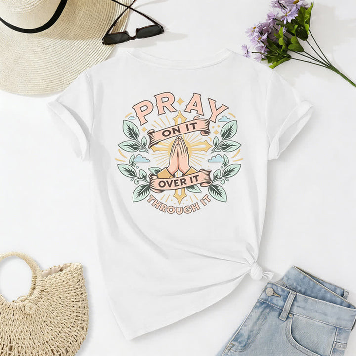Christianartworkshop Pray On It Side Knot Rolled Sleeve Women's V Neck Tee - image 7