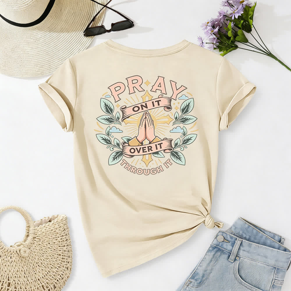 Christianartworkshop Pray On It Side Knot Rolled Sleeve Women's V Neck Tee - image 13