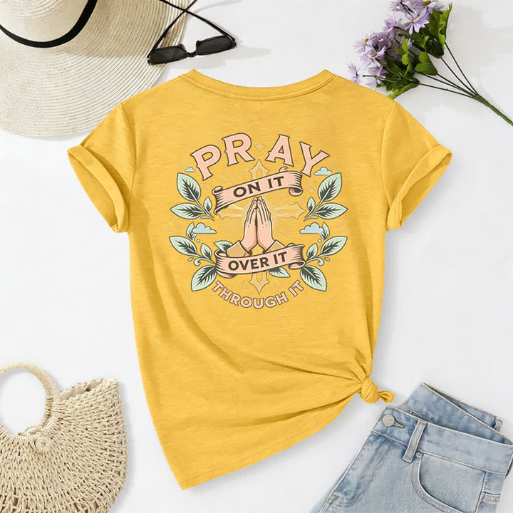 Christianartworkshop Pray On It Side Knot Rolled Sleeve Women's V Neck Tee - image 43