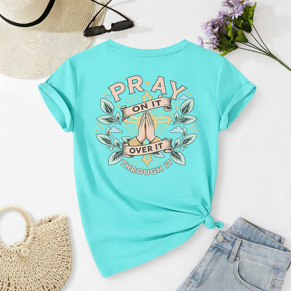 Christianartworkshop Pray On It Side Knot Rolled Sleeve Women's V Neck Tee - image 19