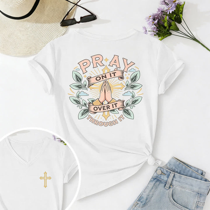 Christianartworkshop Pray On It Side Knot Rolled Sleeve Women's V Neck Tee - White - 2XL - image 6
